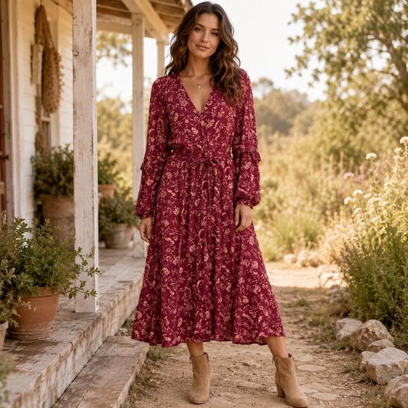 Knox Rose Dresses & Skirts - Knox Rose Peasant Dress Sz M Floral Boho Burgundy Midi Cottagecore Ruffle Artsy